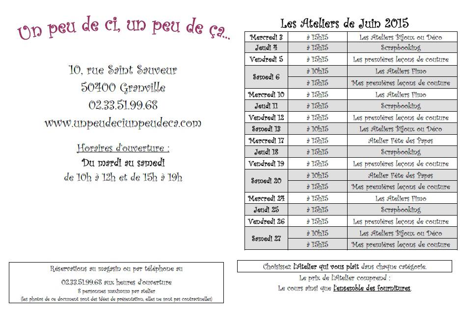 planning des ateliers de juin 2015